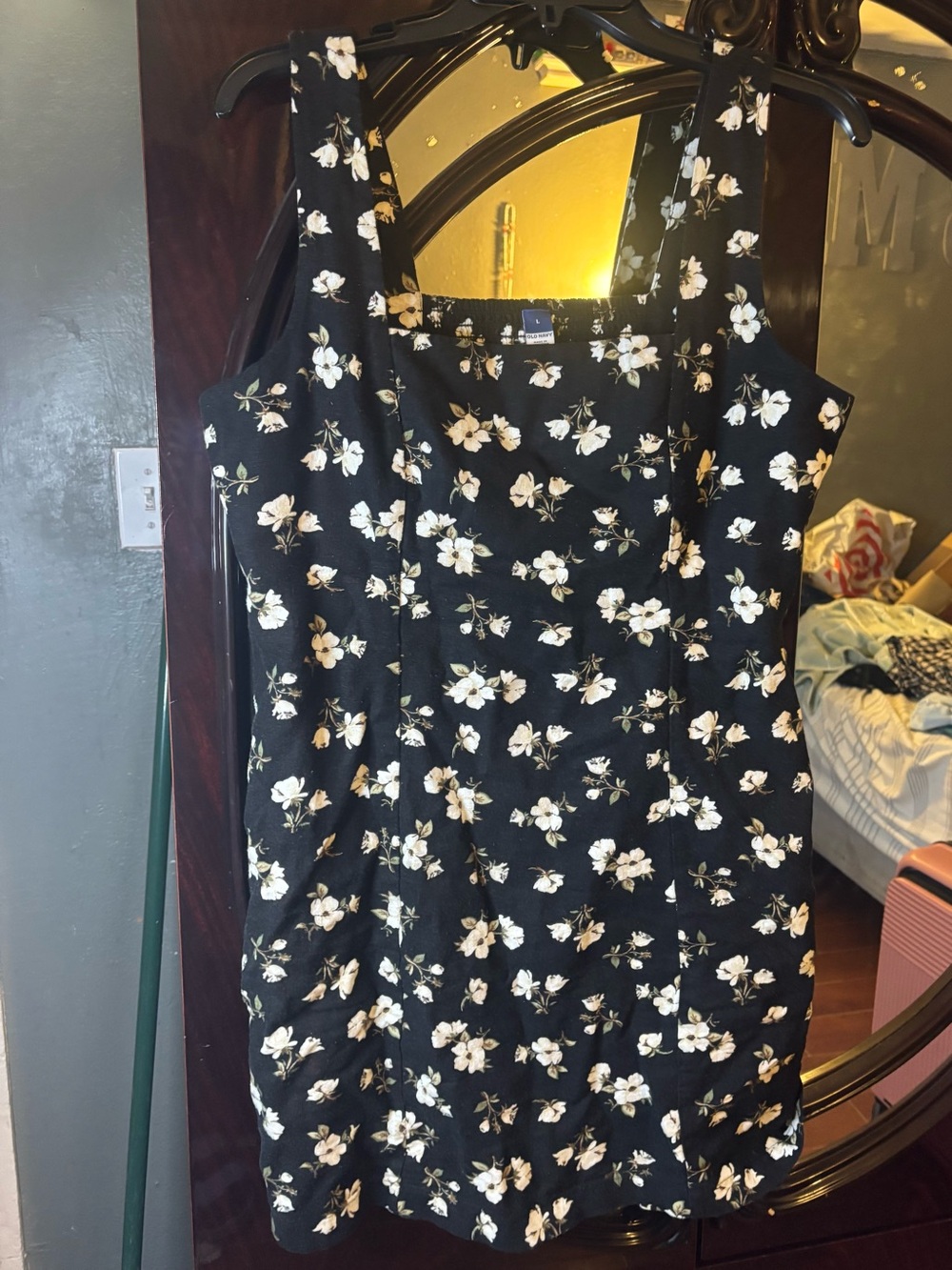 Old Navy Black Mini Dress with Cream Floral Accents